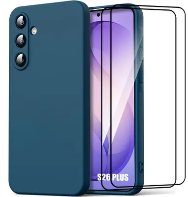 Image de Coque + 2 Verres Trempés pour Samsung Galaxy S26 Plus, Silicone Liquide Antidérapant Antichoc Anti-Rayures Bleu Marine