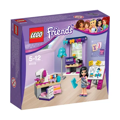A LEGO Friends Emma's Maker Workshop playset box, showing the contents and characters.