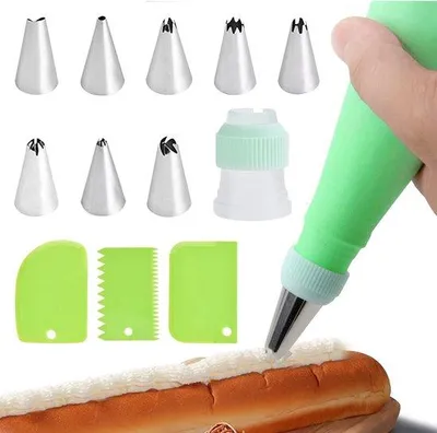 Image de Set de boulangerie 13 pièces, acier inoxydable, vert, poche à douille en silicone
