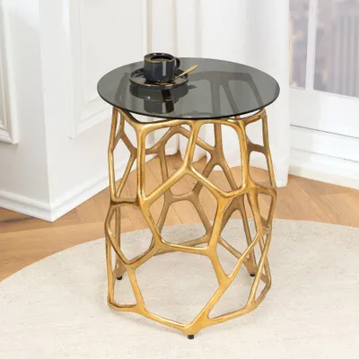 Produktbild von riess-ambiente Handgefertigter Beistelltisch LIQUID GEOMETRIE 50cm gold rund Metall Schwarzglas