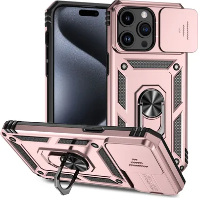Image de Étui pour iPhone 15 Pro Max étui double couche avec couvercle coulissant pour appareil photo et anneau de support Or rose