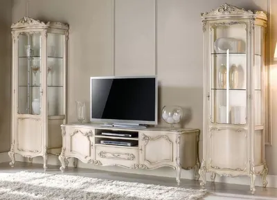 Produktbild von Casa Padrino Luxus Barock Wohnzimmer Set Cremefarben / Silber - 1 Barock TV Schrank & 2 Barock Vitrinen - Barock Wohnzimmer & Hotel Möbel - Luxus Qualität -  Italy