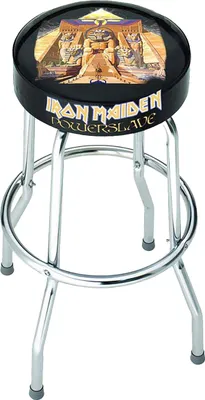 A bar stool with an Iron Maiden 'Powerslave' album cover design.