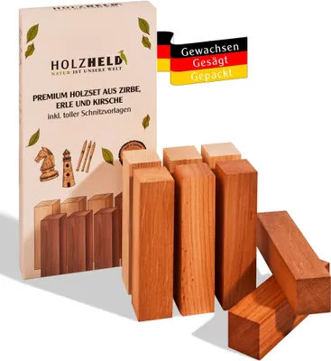Produktbild von Schnitzholz Zirbe – 8-teiliges Set – inkl. Schnitzfiguren Rohling für Kinder – Schnitzrohlinge für Kinder und Anfänger, aus Zirbenholz