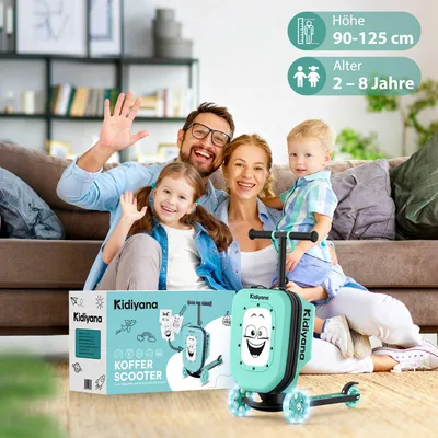 Produktbild von Kidiyana Scooter Koffer Grün, Roller mit LED-Rädern, Höhenverstellbarer, A5 Sichtfenster, 7cm Stauraumerweiterung, Handgepäck geeignet, ab 2 Jahren