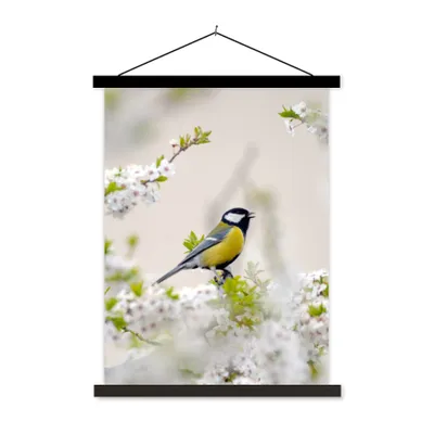 Produktbild von MuchoWow® Textilposter Vogel - Kohlmeise - Blumen - Blütenbaum 40x53 cm mit schwarzem Rahmen - Abbildung