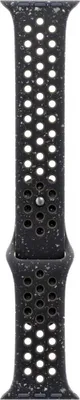 A black smartwatch band with white speckles and circular perforations.