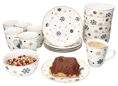 Produktbild von 18tlg Frühstücksset Stars schwarz gold Steingut 6 Personen Teller Schale Becher