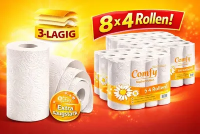 Produktbild von Packeo Papierküchenrolle Küchenrollen 32 Rollen – 3-lagig | Saugstark & Reißfest (8×4)(2er Pack)