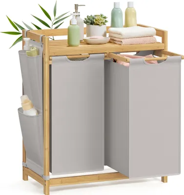 Produktbild von SONGMICS Wäschekorb 2 Fächer, Bambus, Wäschesammler 100 L, Wäschesortierer, mit Ablage, Wäschesack, kleine seitliche Taschen, Wäscheregal