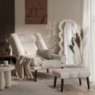 Produktbild von Idohome - Ausklappbarer Sessel mit Fußhocker LILA gepolstert auf skandinavischen Beinen, Farbe: Creme Centaur 01