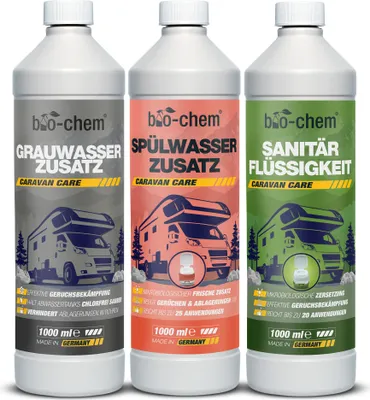 Produktbild von Campingtank-Set 3-teilig: Bio Sanitärflüssigkeit 1 l + Grauwassertank-Zusatz 1 l + Spülwasser-Zusatz 1 l | Starke Tank-Reiniger zur effektiven Geruchsbekämpfung für Frische in Allen mobilen Tanks
