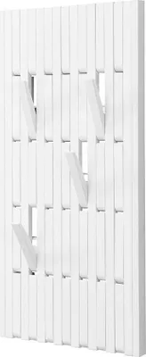 A white wall-mounted coat rack with multiple hooks.