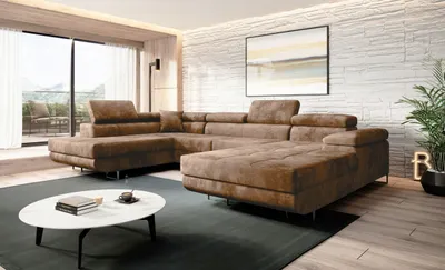 Produktbild von Easy4You Beige Ecksofa Varberg Velours in U-Form 345 x 72 x 205 cm mit Schlaffunktion und Bettzeugbehälter - Schlafsofa mit Bettkasten - Eckcouch mit Stauraum - Stoff: Monolith 09