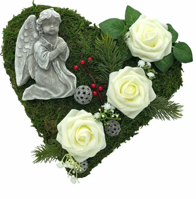 Produktbild von Grabgesteck Grabschmuck Moosherz Grabherz Trauerherz Gesteck mit Engel - 30cm- 3 weiße Rosen