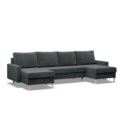 A dark gray U-shaped sectional sofa with a chaise lounge on the left and an extended chaise lounge on the right, shown against a white background.