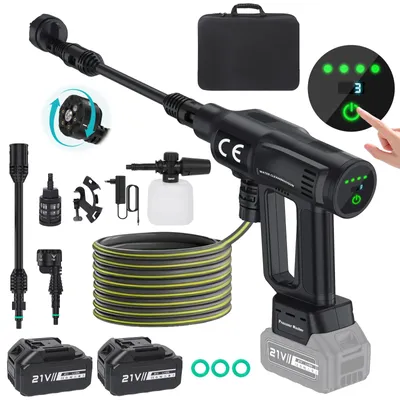 Obrázek produktu pro Přenosný vysokotlaký čistič - Bezdrátový - 21 V - 378 W - 2 dobíjecí baterie - Vhodný pro auto, terasu a zahradu - Černý