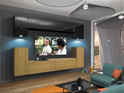 Produktbild von Furnitech Wohnwand Wohnzimmer - Wohnzimmer Möbel mit LED Weiß - Hängend Wohnwand Modern - Regale und TV Schrank (Rodos AN43-17BD-HGM46 1A)