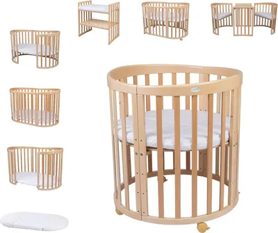 A collage of different configurations and views of a wooden crib.