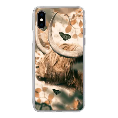 Produktbild von MuchoWow® Handyhülle Schutzhülle Hülle für iPhone Xs Schottische Highlander - Schmetterlinge - Blätter Silikon Softcase Handy Hülle - Handytasche