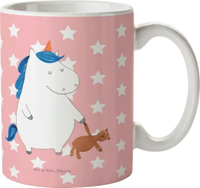 Produktbild von Mr. & Mrs. Panda Teetasse Einhorn Teddy - Rot Pastell - Geschenk, Träumen, Unicorn, schlafen, Gute Nacht, kaffeebecher keramik, Einhörner, Bett, haferl, Becher, Tasse