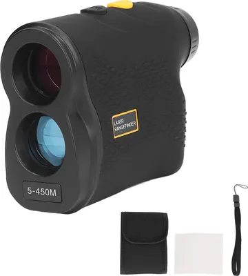 A black handheld laser rangefinder with a yellow button is shown on a white background. Accessories like a pouch and cleaning cloth are also visible.