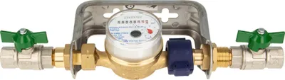 Produktbild von Einstrahlzähler ETK Kombi-Set (Kaltwasser) bis 30 Grad Länge 110 mm, inkl. Bügel Edelstahl, Kugelhähne 1/2 Zoll, Plombierschelle