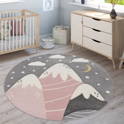 Produktbild von Kinderteppich Teppich Kinderzimmer Junge Mädchen Berge Sterne Wolke 3D Grau Pink Grösse 200 cm Rund