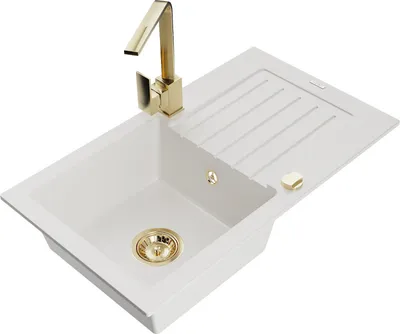 Produktbild von Mexen Pablo 1 Becken-Granitspüle mit Abtropffläche und Mischbatterie Rita, Weiß - 6510-20-670300-50