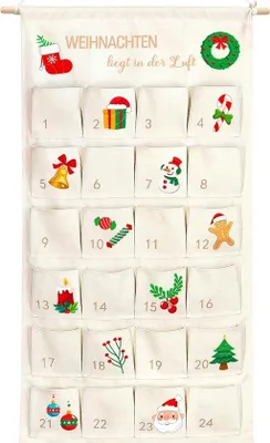 Produktbild von Adventskalender Wandteppich 100 x 50 cm - wiederverwendbar mit 24 Taschen - Weihnachtsdekoration für Wand und Tür - ShopFlot
