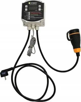 A digital temperature controller with a plug and a sensor.