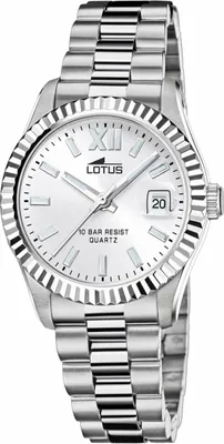 A close-up studio shot of a silver Lotus women's watch with a white dial.