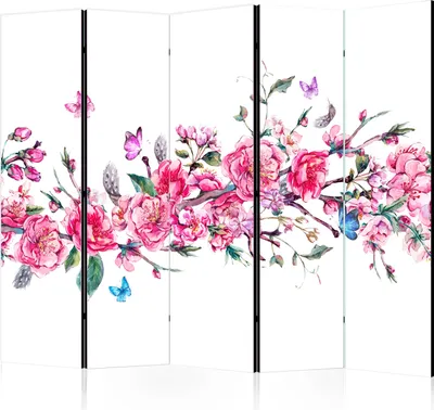 Produktbild von 5-teiliger Doppelseitiger Vlies Paravent - Flowers and Butterflies II 225x172 cm Orient p-B-0042-z-c