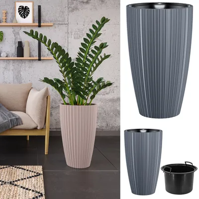 Produktbild von Blumenübertopf  "Line Slim" mit herausnehmbaren Einsatz 2in1, 3D-Textur, Oval | Höhe: 48cm | Farbe: Anthrazit
