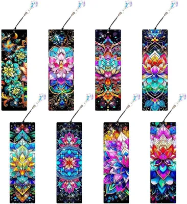 Imagen del producto de Marcapáginas de pintura con diamantes, diseño mandala, juego de 8 unidades, con motivos brillantes, para libros