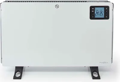 A white Nedis convector heater with a digital display and black legs, shown against a white background.