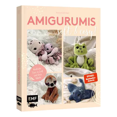 A collage of crocheted amigurumi animals on a light, textured background.