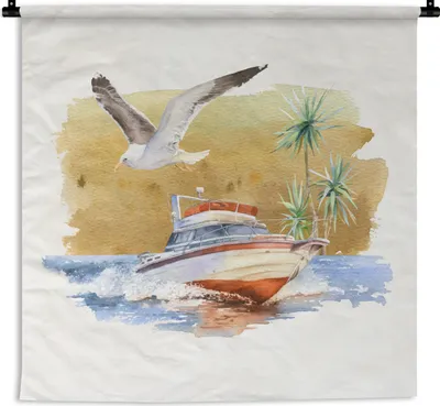 Produktbild von MuchoWow® Wandteppich Wandbehang Boot - Vogel - Aquarell 150x150 cm Tapisserie Dekoration Wandtuch - Wohnaccessoires - Modernes
