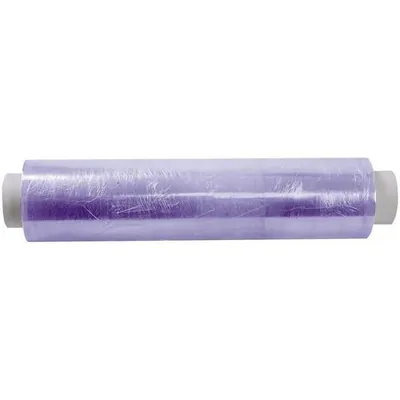 A roll of clear plastic wrap on a white background.