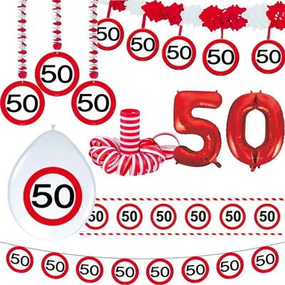 Produktbild von 50. Geburtstag Verkehrsschild Geburtstagsdeko Partyset Party Deko Set rot weiss Dekoration Zahl Frau Mann