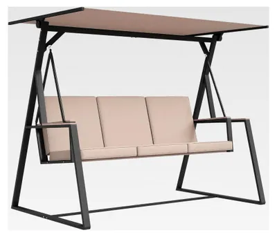 Produktbild von Hollywoodschaukel für 3 Personen mit Kissen, Gartenschaukel mit verstellbarem Dach, bis 300 kg belastbar, Khaki, 205 x 130 x 175 cm