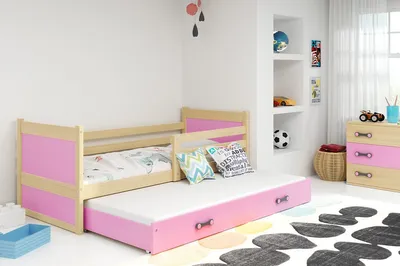 Obrázok produktu pre Detská posteľ s prístelkou a matracom 90x200 FERGUS - borovica / ružová