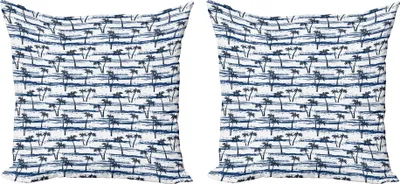 Obrázok produktu pre ABAKUHAUS Tropická súprava obliečok na vankúš (2 kusy), Tienistý obrázok tropickej pláže s pieskom a kokosovými palmami, 60 x 60 cm, Polnočná modrá Tmavomodrá