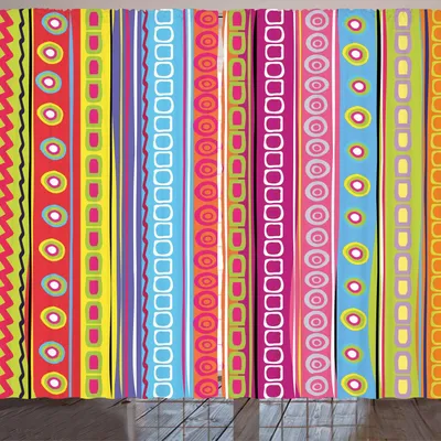 Produktbild von ARANDE Gestreift Gardine, Tribale Motiven Bunte Zusammensetzung Retro Ethno Kunst Vertikale Streifen Muster, 280 x 175 cm, Mehrfarbig