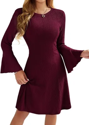 Productafbeelding van Gebreide Jurk - Sweater Jurk - Casual Dagen - Geribbelde A-lijn - Midi Lengte - Herfstkleuren