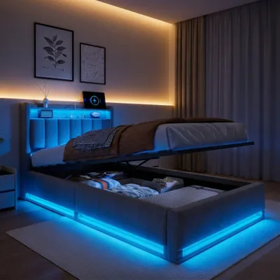 Zdjęcie produktu dla Łóżko Moonbite z pojemnikiem i oświetleniem LED, 90x200 cm, obite szarym welurem. Funkcjonalne: z rozkładanym schowkiem, półką i oświetleniem LED z portem USB. Stelaż łóżka z listew