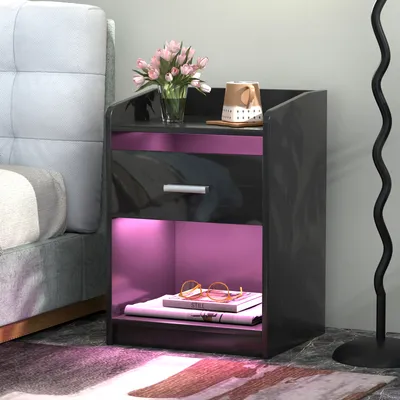 Produktbild von Nachttisch mit LED-Beleuchtung 58cm hoch mit 1 Schubladen 2 Regal schwarz