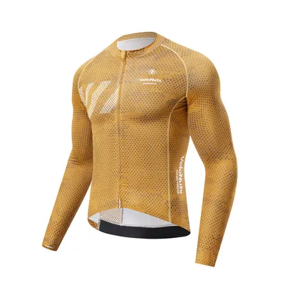 Produktbild von VeloNuts Fahrradtrikot Herren Langarm Radtrikot atmungsaktiv schnelltrocknend mit Rückentaschen für Rennrad MTB Gelb EU Größe M