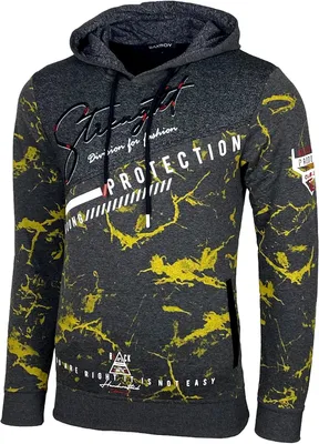 Productafbeelding van Herensweater met capuchon in antraciet en geel, rekbaar katoenmengsel met fleece binnenkant