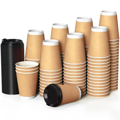 Productafbeelding van Set van 100 dubbelwandige papieren bekers met deksel, geschikt voor koffie en thee